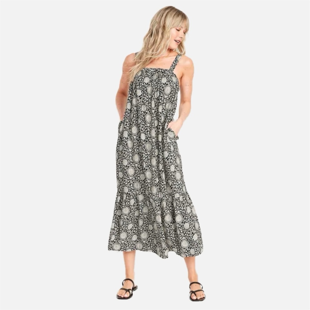 Old Navy Sleeveless Tie-Back Floral Midi / Maxi Dress Ruffle Hem Black / White🖤🤍